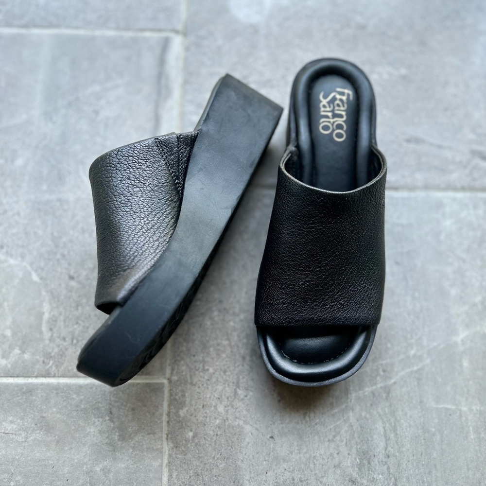 Franco Sarto Genuine Leather Black Wedge Sandals Size 7